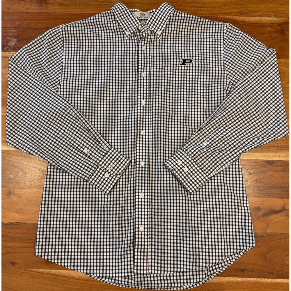 Vantage Purdue University Gingham Button Down Shirt Mens Large Black White Logo